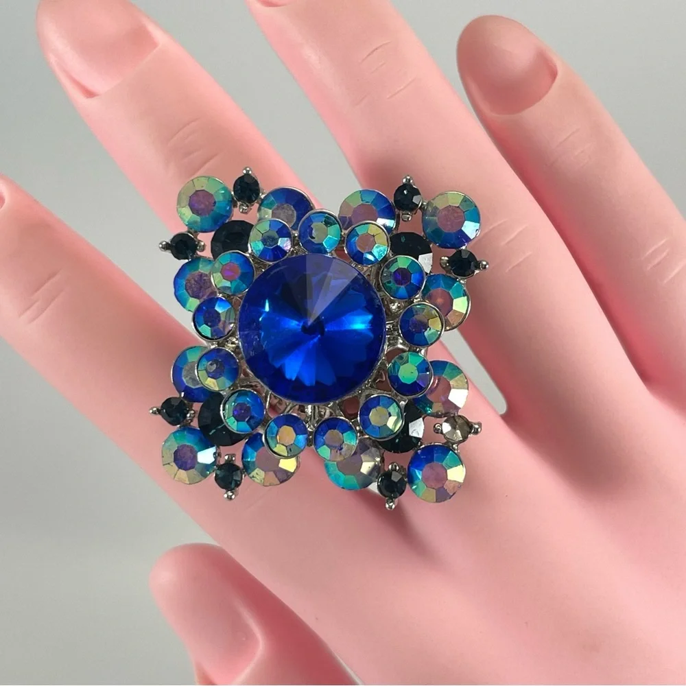 Stunning Silver Tone Big Statement Blue AB Glass Rhinestone Adjustable Ring